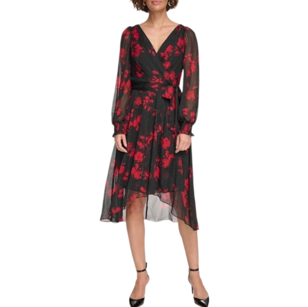 DKNY Floral Midi Dress - Long Sleeve V-Neck High‎ Low Hem Black Red Plus Size 16